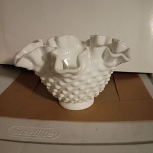 Fenton White Hobnail Ruffled Vase